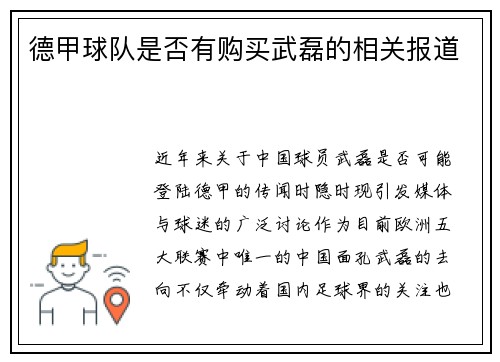 德甲球队是否有购买武磊的相关报道